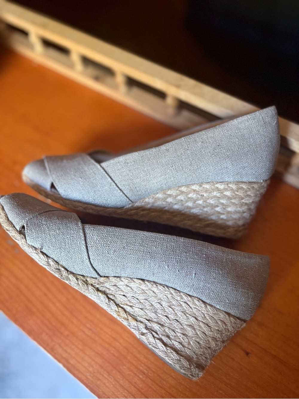 Adrienne Vittadini Taupe Linen Espadrille Wedge Peep-Toe
